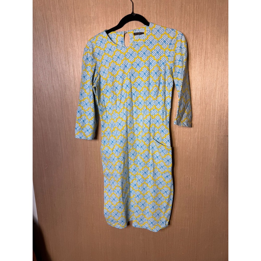 J.McLaughlin Women Small Blue Yellow Geometric Trellis 3/4 Sleeve Sheath Dress